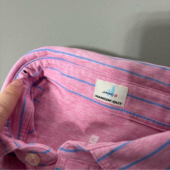 Johnnie-O Hangin' Out Men's Cotton T Shirt XL Pink Blue Stripe Polo Short Sleeve - Picture 8 of 9